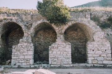 Fototapeta na wymiar Antique city of Ephesus.Ruins of an ancient city in Turkey.Selcuk, Kusadasi, Turkey.Archaeological site,expedition.Remains of an abandoned ancient Greek city.Brick arches.Stone walls.Kuretov street.