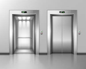 Lift doors, elevator close and open. Building hall interior with chrome metal gates, buttons and stage number panels, indoor transportation in house, office or hotel, realistic 3d vector Illustration © klyaksun