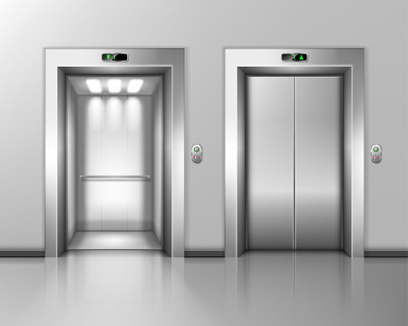 Lift doors, elevator close and open. Building hall interior with chrome metal gates, buttons and stage number panels, indoor transportation in house, office or hotel, realistic 3d vector Illustration