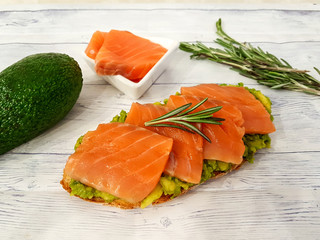 Healthy nutrition. Bruschetta with avocado and salmon.