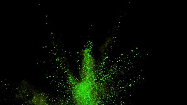 Realistic green explosion on black background. Slow motion movement with quick acceleration and fall