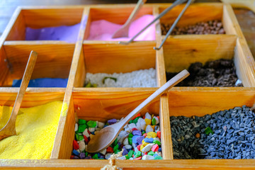 multicolor small pebbles rock  and beauty sand prepare for decorative plant tree and cactuc in pot