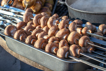 Grilled champignons. Mushrooms on a skewer. Snack picnic.