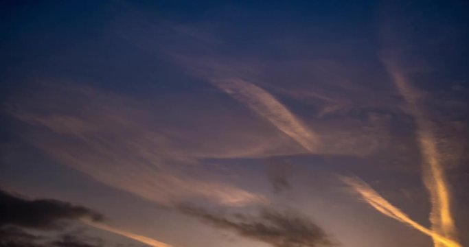 Time lapse clip of gray fluffy curly rolling clouds in windy weather in the evening after sunset