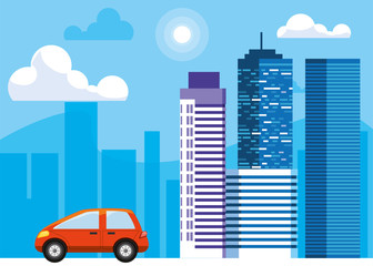 Car on the street in front of buildings vector design