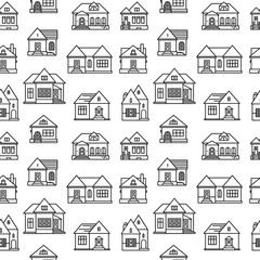 Vector seamless pattern with different country cottage on white color background.