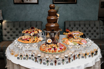 Alcohol buffet with fruits and chocolate fountain at the party