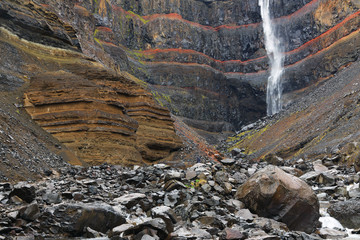 Geological layers of earth - layered rock. Close-up of sedimentary rock in Iceland, Europe