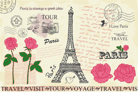 Retro postcard with Eiffel tower in Paris, France.