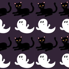 Seamless pattern of black cats and ghosts.Violet background. Suitable for decoration on a Halloween party. Cute pattern for wrapping paper and fabric