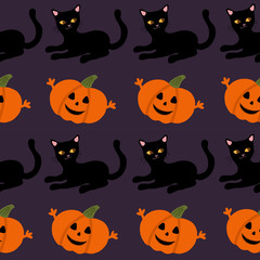 Seamless pattern of black cats and pumpkins.Hand draw characters.Suitable for decoration on a Halloween party. Cute pattern for wrapping paper and fabric