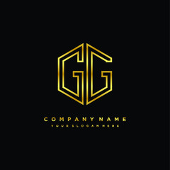 Initial letter GG, minimalist line art monogram hexagon logo, gold color