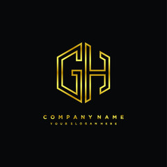 Initial letter GH, minimalist line art monogram hexagon logo, gold color