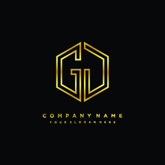 Initial letter GJ, minimalist line art monogram hexagon logo, gold color