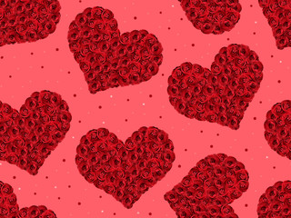 Seamless pattern of red hearts consisting of roses.