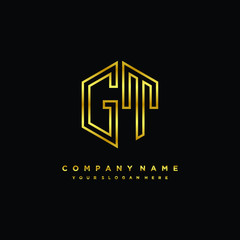 Initial letter GT, minimalist line art monogram hexagon logo, gold color