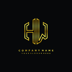 Initial letter HW, minimalist line art monogram hexagon logo, gold color