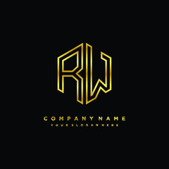 Initial letter RW, minimalist line art monogram hexagon logo, gold color