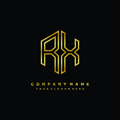Initial letter RX, minimalist line art monogram hexagon logo, gold color