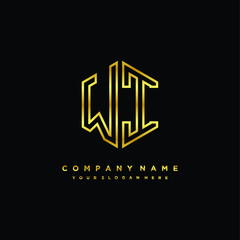 Initial letter WI , minimalist line art monogram hexagon logo, gold color