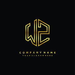 Initial letter WZ , minimalist line art monogram hexagon logo, gold color