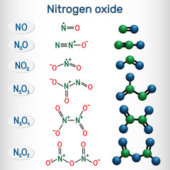 Chemical formulas and molecule model of nitrogen oxide: nitric oxide NO, nitrogen dioxide NO2, nitrous oxide N2O, dinitrogen trioxide N2O3, dinitrogen tetroxide N2O4, dinitrogen pentoxide N2O5 - obrazy, fototapety, plakaty