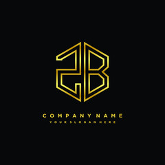 Initial letter ZB, minimalist line art monogram hexagon logo, gold color