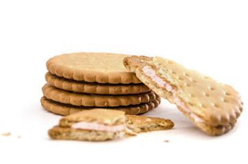 sandwich crackers and cracker slices on a white background. View from above. Close-up.