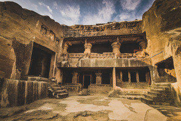 ELLORA, INDIA, DECEMBER 5 2016: Ellora caves in central India, a Unesco heritage site consisting of...