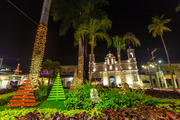 The beautiful church at night from Copan Ruinas from the square. Honduras