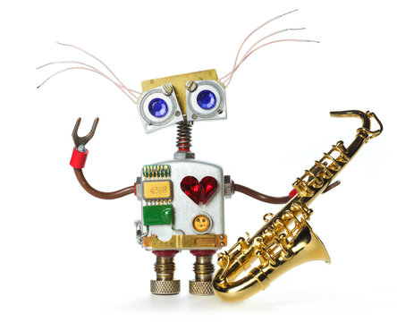 DIY Robot Toy With Saxophone In His Hand. Funny Mechanical Toy Character.