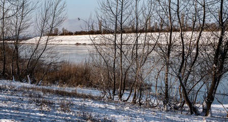 winter view of the shipping channel of the Volga hydroelectric station