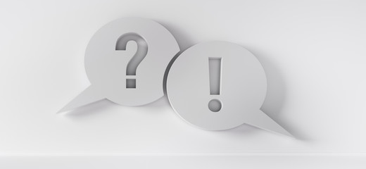 Question mark and exclamation mark speech bubbles in front of a white wall - 3D illustration