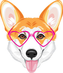 Portrait of a happy welsh corgi in pink glasses