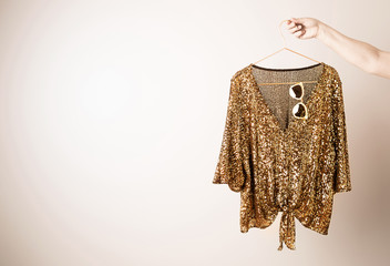Women's clothing - gold glittery sequin party top (blouse)