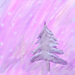 Winter tale landscape - closeup illustration of pink and purple trees with snowflakes decorations