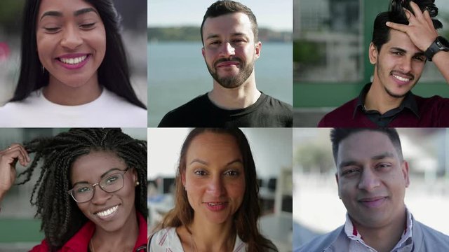 Confident diverse people smiling at camera. Multiscreen montage of cheerful multiethnic men and women posing and looking at camera. Facial expression concept