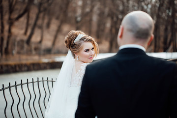 Wedding couple. Beautiful bride and groom. White wedding dress. Bride with a veil. Stylish wedding couple walking in love. Bride and groom on their wedding day. Autumn wedding.