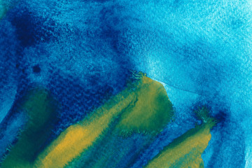 Light blue and yellow colorful watercolor abstract background. Hand drawn sky blue and green brush strokes