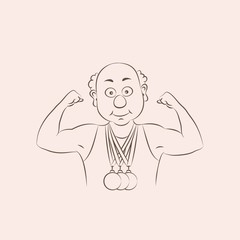 Well-built strong muscular old man.Bald man with arms raised flexing his Biceps and showing muscles.Vector illustration