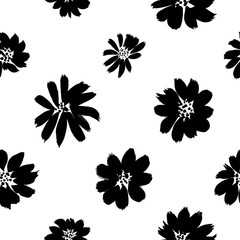 Ink drawing flowers hand drawn seamless pattern. Black and white ink brush vector texture. Grunge dry brushstroke drawing.