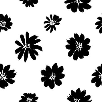 Ink drawing flowers hand drawn seamless pattern. Black and white ink brush vector texture. Grunge dry brushstroke drawing.