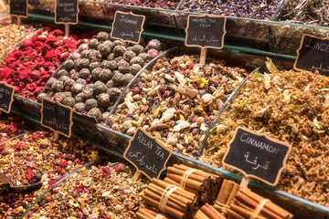 Delicious tasty turkish tea and spice at Grand bazaar, Istanbul, Turkey. Image with selective focus