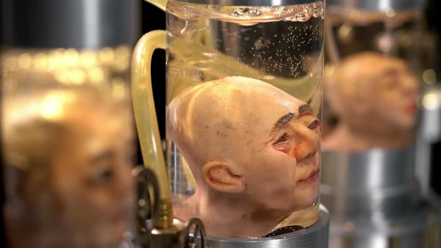 human heads without a body in cylindrical glass vessels (flasks), in a liquid with air supply (bubbles), similar to a laboratory for experiments, close-up