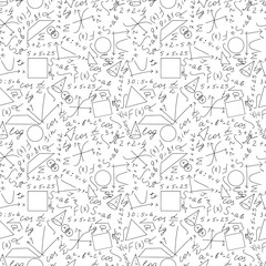 Math, physics seamless pattern on white background. Mathematical formulas, hand drawing line. Doodles. School records. Suitable for fabric and scrapbooking. Vector