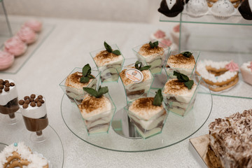 Portions of tiramisu stand on the catering table