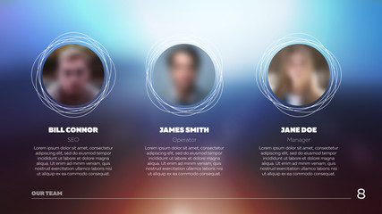 Team info slide page of vector presentation. Modern minimal design on blur color background. Blue and orange gamma. Technic style with infographic strokes.