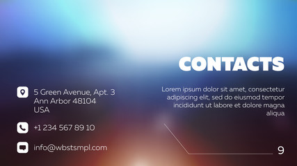 Contacts slide page of vector presentation. Modern minimal design on blur color background. Blue and orange gamma. Technic style with infographic strokes and icons.