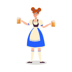 Smiling woman waiter serving fresh beer in glasses vector illustration