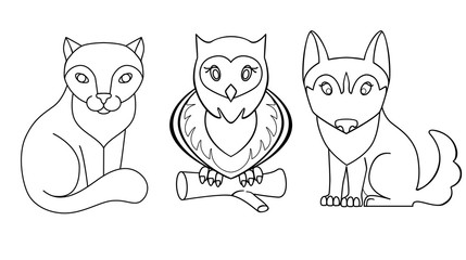 Cute kawaii animals - dog, cat and owl - linear vector set for coloring. Outline. Hand drawing. Cute animals pets for kids coloring book - kitten, puppy and owl.